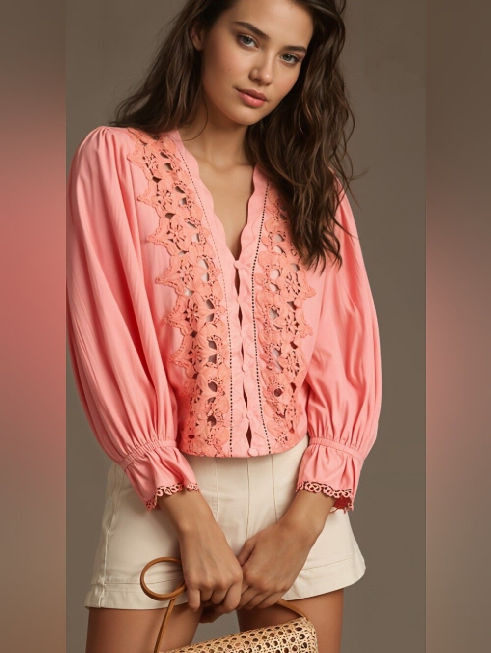 Free People Peachy Pink Cut-Out Lace Detail Puff Sleeve Blouse